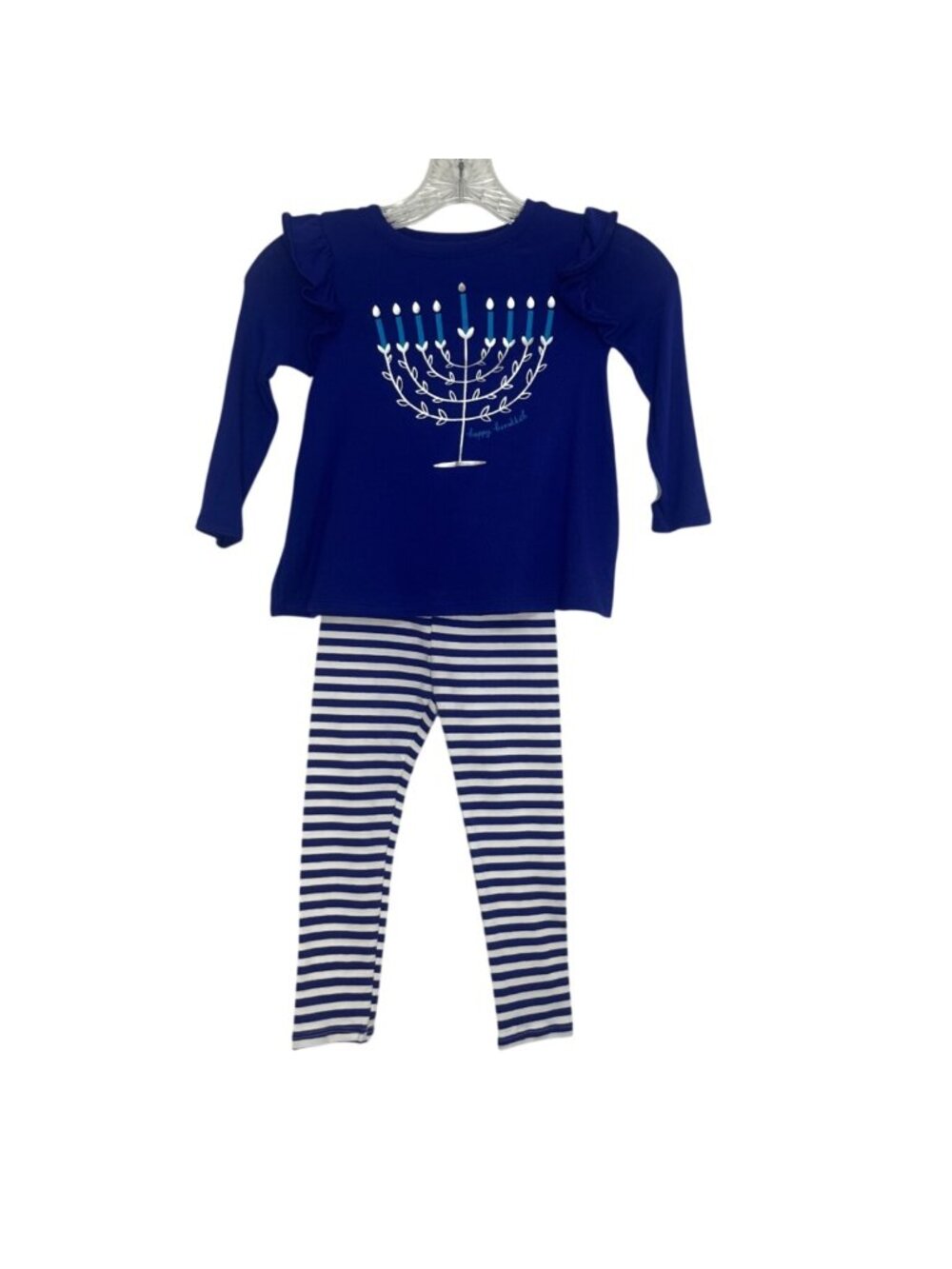 Cat & Jack Girls Hanukkah 2 Piece Outfit 3T Blue New Menorah Print Striped Leggi